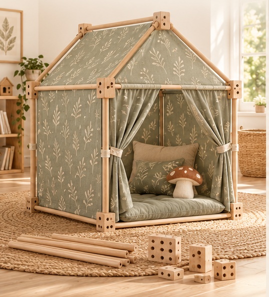 La Clairière, concept de cabane en bois avec toile sauge à feuillage