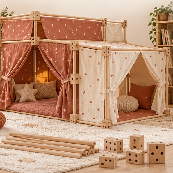 Le Grand Repaire, double cabane en bois avec toiles terracotta et écrues